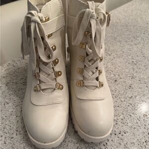 Wild Pair Cream Lace-Up Boots with Gold Accents